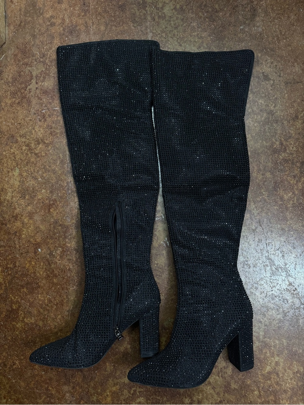 Embellished Black Over-the-Knee Block Heel Boots